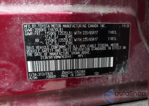 2021 Toyota Rav4 Le из США, поврежденный, VIN 2T3G1RFV8MW163046